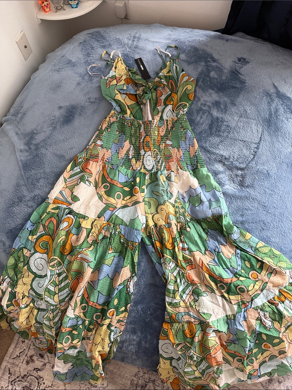 Fashion Nova Green Multicolor Printed Smocked Jumpsuit